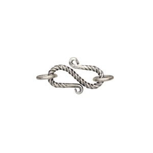 Clasp S-hook 1pkg2 sterling silver, 17x8mm / 6mm closed jump ring, antiqued 1-strand