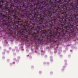 Seed bead, Miyuki, glass, pkg/35g, #15 rocaille, translucent fuchsia-lined luster aqua (RR-352).