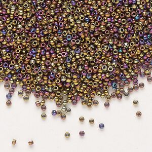 Seed bead, Miyuki, glass, pkg/250g, #15 rocaille, opaque nickel-plated golden olive iris, (RR-188).