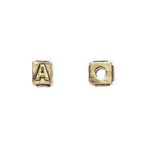 Bead 1pkg4 gold-plated pewter, 8x6mm rectangle / letter A, antique Dione&reg;
