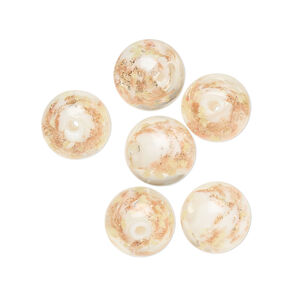 Bead, lampworked glass, clear /opaque white/ glow-in-the-dark / gold, 10mm round. Sold per pkg of 6.