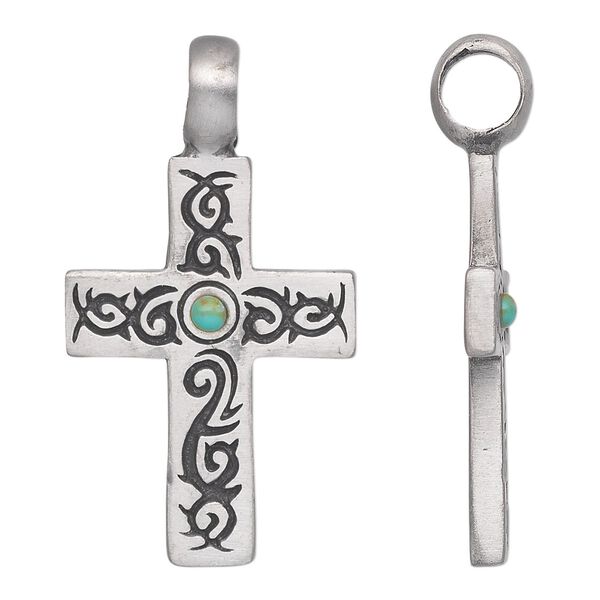 Pendant 1pkg1, antiqued pewter (tin-based alloy) and "turquoise" (imitation) resin, blue, 46x26mm single-sided cross. image number 0