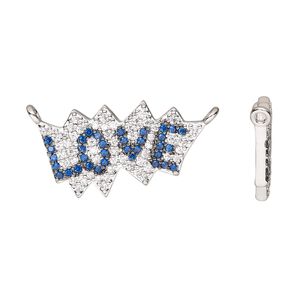 Connector, cubic zirconia and silver-finished brass, clear and dark blue, 20.5x12mm single-sided "LOVE." Sold individually.