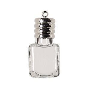 Drop, lampworked glass and silver-finished brass, clear, 26x14mm-28x15mm square bottle with cap, 5.5mm hole. Sold individually.