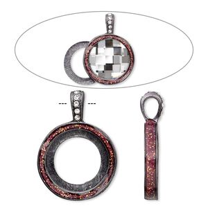 Pendant, Almost Instant Jewelry&reg;, epoxy / crystals / gunmetal-finished "pewter" (zinc-based alloy), rose pink and crystal clear with glitter, 33x24mm single-sided with 20mm round setting. Sold individually.