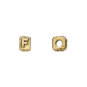 Bead 1pkg4 gold-plated pewter, 8x6mm rectangle / letter F, antique Dione&reg;