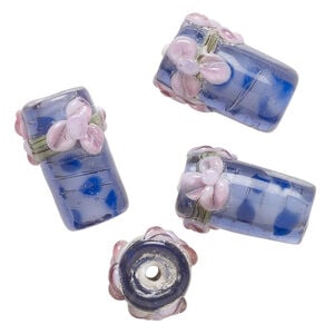 Bead, lampworked glass 1pkg4, multicolored, 24x16mm tube bead with flowers.