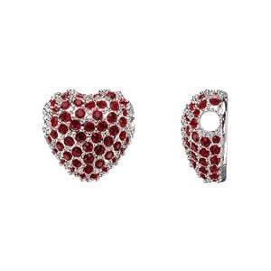 Bead 1pkg1 rhodium-plated pewter, 14mm heart, red crystal Dione&reg;