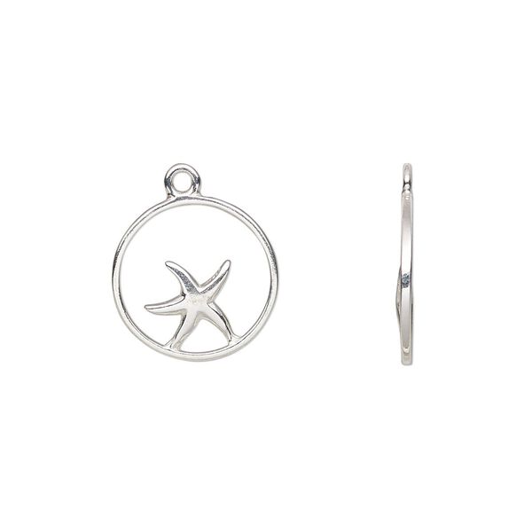 Charm Amoracast&reg; 1pkg1 sterling silver, 12mm 2-sided open round / starfish image number 0
