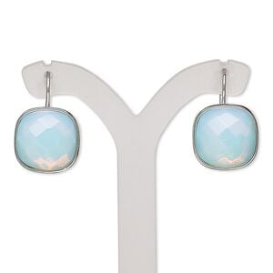 Earring, sea "opal" glass and silver-finished "pewter" (zinc-based alloy), 21mm with square and fishhook ear wire. Sold per pair.
