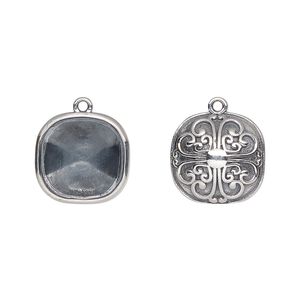 Drop, Almost Instant Jewelry&reg;, antiqued sterling silver, 14mm rounded square with 12mm cushion setting and filigree heart back design. Sold individually.