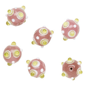 Bead, lampworked glass 1pkg6, opaque pink / white / green, 22x15mm bumpy rondelle.