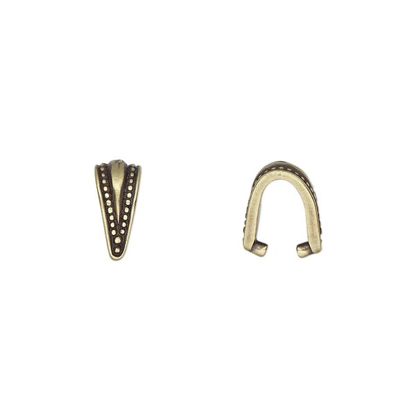Bail, TierraCast&reg;, ice-pick, antique brass-plated pewter (tin-based alloy), 10x5mm with beaded border, 7mm grip length. Sold per pkg of 20. image number 0