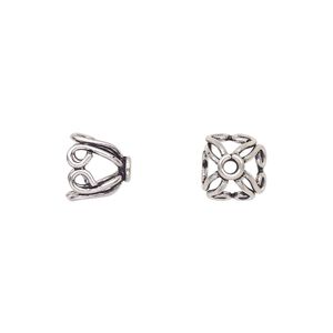 Bead cap, antiqued sterling silver, 11x8.5mm open round with scroll design, fits 8-12mm bead. Sold per pkg of 4.