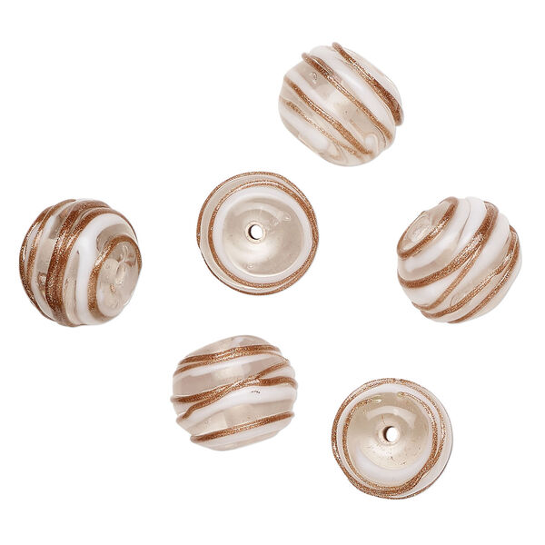 Bead, lampworked glass 1pkg6, clear / translucent white / copper-colored glitter, 15x12mm rondelle with swirl. image number 0