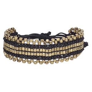 Bracelet, waxed cotton cord / glass / gold-finished steel, black, 24mm wide, adjustable from 5-1/2 to 8-1/2 inches with macram&eacute; knot closure. Sold individually.