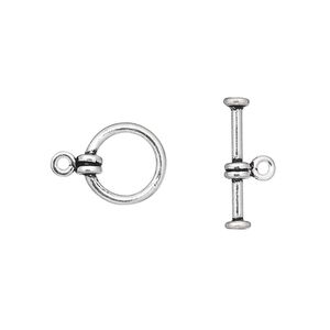 Clasp toggle 1pkg4 sterling silver, 10mm round, antiqued 1-strand