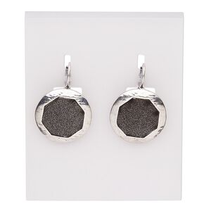 Earring, silver-plated brass and "pewter" (zinc-based alloy), black with glitter, 32mm with round and octagon with leverback ear wire. Sold per pair.