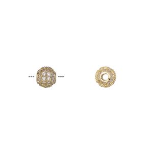 Bead 1pkg1 gold-finished, 5.5mm textured round, brass / clear cubic zirconia