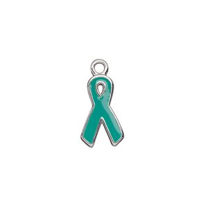 Charm, silver-plated aluminum and epoxy, green, 15x9mm single-sided awareness ribbon. Sold per pkg of 6.