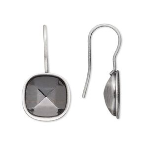 Ear wire fishhook 1pkg4 Almost Instant Jewelry&reg; antique silver-plated, 28x14mm / 12mm cushion glue-in setting, 20 gauge brass 2 pair
