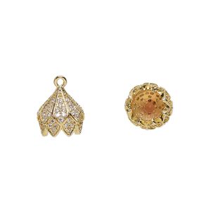 Cord end 1pkg1 gold-finished, 10x10mm blossom / 6mm inside diameter, brass / glass rhinestone clear