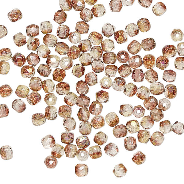 Bead, Czech fire-polished glass 1pkg120, pink and peach luster half-coated, 3mm faceted round. image number 0