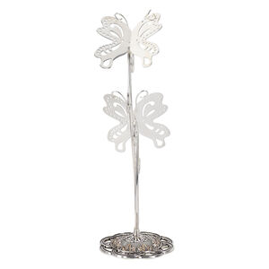 Display, silver-finished steel and antiqued silver-finished "pewter" (zinc-based alloy), 9 x 2-1/2 x 3 inch double butterfly. Sold individually.