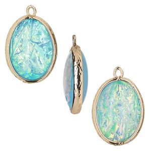 Drop, Opalized Ice&trade;, "opal" (resin) and gold-finished brass, light blue, 20x15mm double-sided oval. Sold per pkg of 4.
