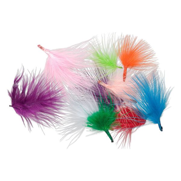 Feather mix, turkey (dyed), mixed colors, 2-4 inch Marabou style. Sold per 0.25-ounce pkg, approximately 220 feathers. image number 0
