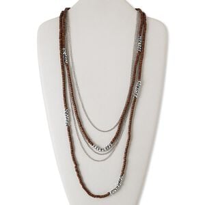 Necklace, stained wood / silver-coated plastic / imitation rhodium-finished steel, dark brown, flat round, 24 inches with 2-inch extender chain and lobster claw clasp. Sold individually.