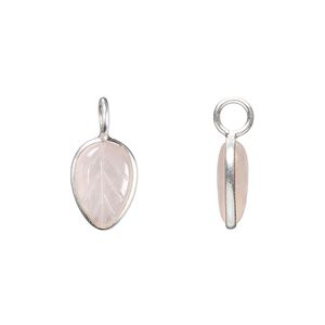 Drop, sterling silver and rose quartz (natural), 14x9.5mm carved leaf. Sold individually.