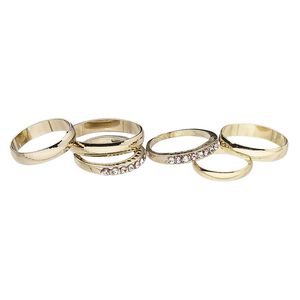 Ring mix, glass rhinestone and gold-finished brass, clear and pink, 3mm and 4mm wide, size 5 to 12-1/2. Sold per pkg of 6.