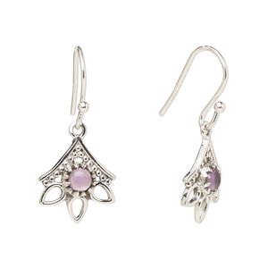 Earring, Create Compliments&reg;, antiqued sterling silver and amethyst (natural), fishhook, 28mm with 14x12.5mm single-sided beaded open 3-teardrop, 21 gauge. Sold per pair.