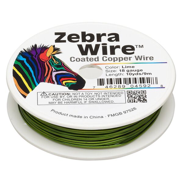 Wire, Zebra Wire&trade;, color-coated copper, lime green, round, 18 gauge. Sold per 10-yard spool. image number 0