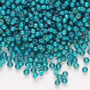 Seed bead, Miyuki, glass, pkg/250g, #8 rocaille, translucent white-lined luster teal, (RR-3765).
