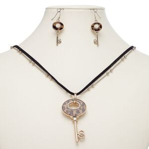 Necklace and earring set, Everyday Jewelry, faux suede / resin / crystals / rose gold-finished steel / brass / "pewter" (zinc-based alloy), black / brown / crystal clear, 60x30mm key, 20-inch necklace with 2-inch extender chain and lobster claw clasp, 43mm earrings with fishhook ear wire. Sold per set.