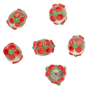 Bead, lampworked glass 1pkg6, clear / opaque red / green, 18x14mm rondelle with flowers.