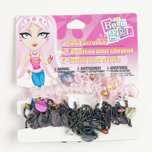 Hair scrunchy 1pkg2, elastic / nylon / acrylic / glass / shell, multicolored, 24mm width with mixed shapes, 7 inches.