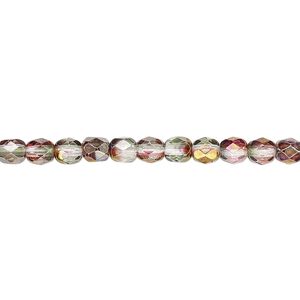 Bead, Czech fire-polished glass, pink and green luster, 4mm faceted round. Sold per 15-1/2" to 16" strand.