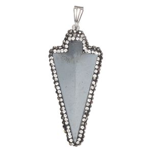Hemalyke&trade; / brass / glass rhinestone 1pkg1, silver-finished 1-sided arrowhead pendant 44x21mm