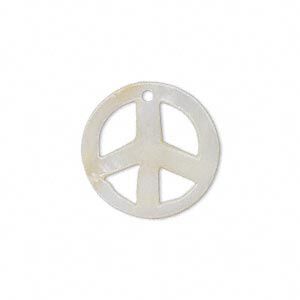 Drop, mother-of-pearl shell (natural) 1pkg6, 20mm hand-cut  top-drilled double-sided curved round peace sign.