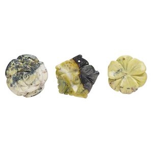Yellow "turquoise" (serpentine with quartz) 1pkg3, carved flower drop natural mix 29x23mm-33x32mm