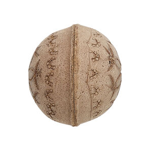 Bead, leather, brown, 23-27mm round with etched flower design. Sold individually.