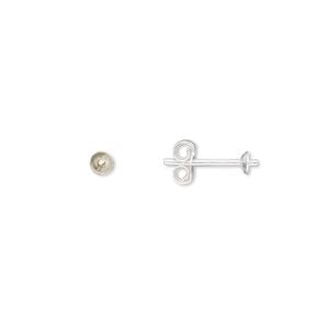 Earstud 1pkg10 sterling silver, 3mm cup / 1.5mm peg / 3-5mm half-drilled round setting / earnuts, 5 pair