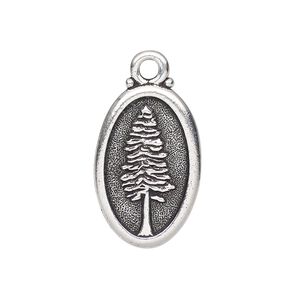 Charm, TierraCast&reg;, antique silver-plated pewter (tin-based alloy), 26x16mm 2-sided oval with redwood and "Not all those who wander are lost." Sold individually.