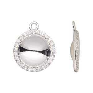 Drop, Almost Instant Jewelry&reg;, rhodium-plated sterling silver and cubic zirconia, clear, 20.5mm round with 14mm rivoli glue-in setting. Sold individually.