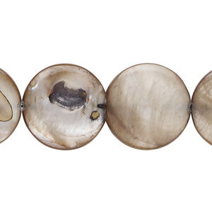 Mother-of-pearl shell 1pkg1, puffed flat round bead 15 inch light brown 17-18mm