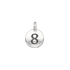 Drop, TierraCast&reg;, antique silver-plated pewter (tin-based alloy), 11.5mm single-sided round with textured number "8." Sold per pkg of 2.