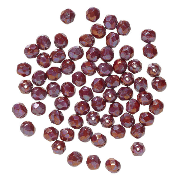 Bead, Czech fire-polished glass 1pkg60, opaque red nebula, 6mm   faceted round. image number 1